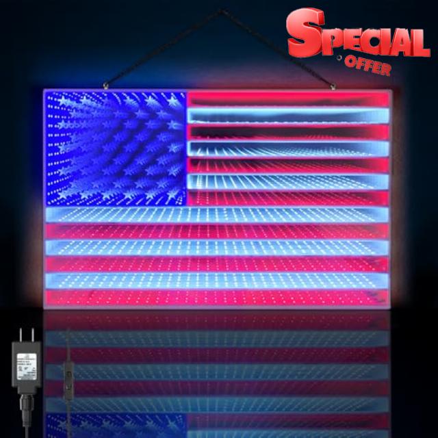 3D American LED Flag Infinity Mirror Light - 23" x 15" Hanging American Flag Indoor Light for President's Day