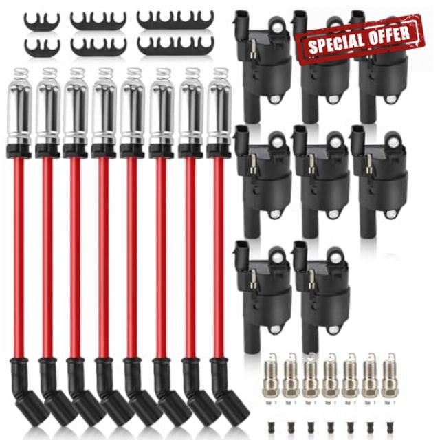 UF414 Ignition Coils Pack & Double Iridium Spark Plugs & 10.2MM Spark Plug Wires for Chevy Avalanche Express Tahoe Silverado Suburban 1500 2500 3500/GMC Savana Sierra Yukon/Cadillac Escalade