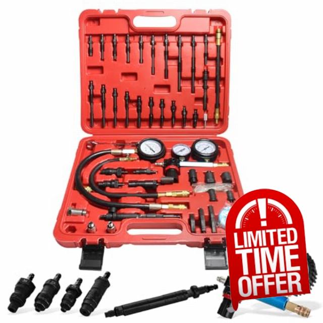 Petrol & Diesel Engine Compression and Leakage Test Kit – 47PCS Comprehensive Pressure Gauge Tool Set for Diagnosing Engine Issues Fits for Most Cars