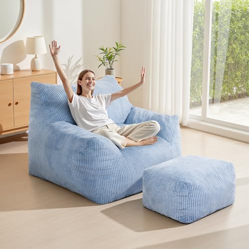 3FT Beanbag Chairs with Ottoman Pre-Filled Fluffy Lazy Chair Corded Fabric Accent Chair for Bedroom Living Room Dorm (Light Blue)