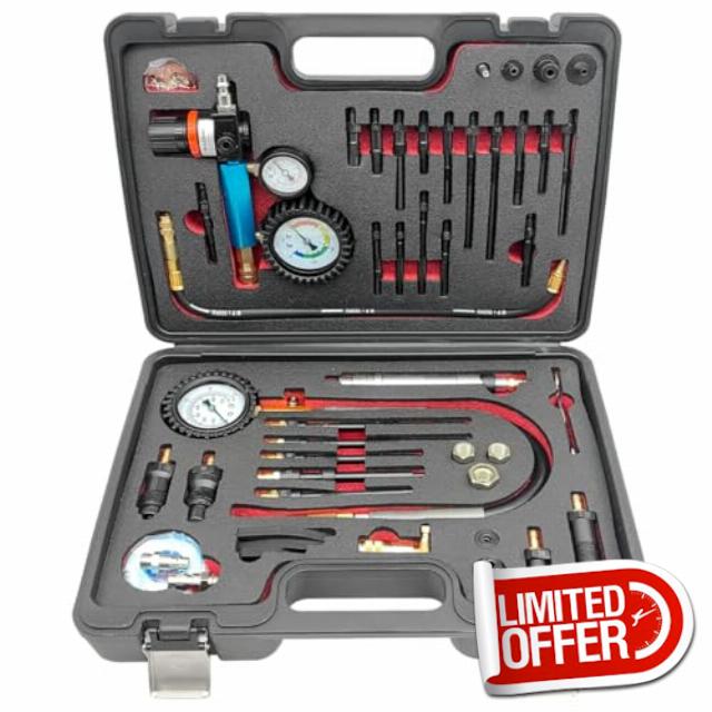 46PCS Compression and Leakage Test Kit Petrol & Diesel Engine Compression Tester Automotive Cylinder Leak Down Tester Kit with Dual Gauge Engine Compression Tester Kit for HDi