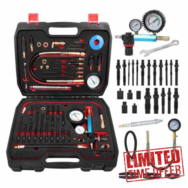 46PCS Compression and Leakage Test Kit Petrol & Diesel Engine Compression Tester Automotive Cylinder Leak Down Tester Kit with Dual Gauge Engine Compression Tester Kit for HDi