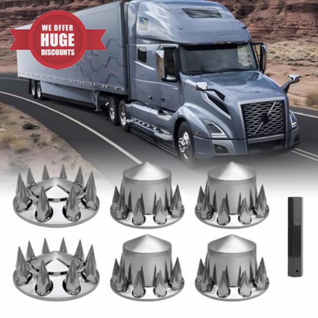 Spiked Complete Axle Wheel Cover Set with 33mm Thread-on Chrome Lug Nut Covers (2 Front+4 Rear)