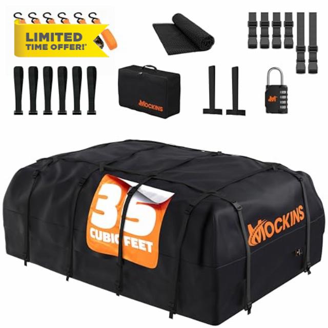Mockins 35 Cu.Ft. Black Waterproof Rooftop Cargo Carrier Bag | 60"x42"x24" Car Roof Bag for Use with or w/o Roof Rack | Car Topper Luggage Carrier Waterproof Storage Set w/Mat