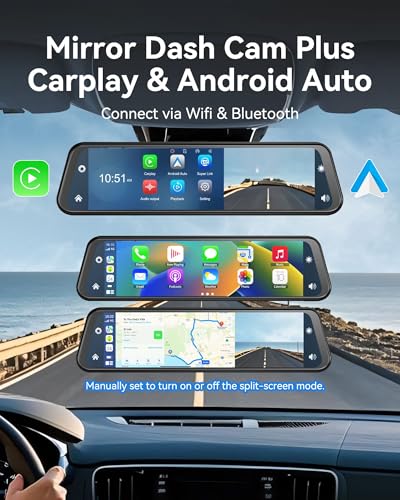 Mirror Dash Cam Front and Rear for Car Truck with Voice Control&Split Touch Screen