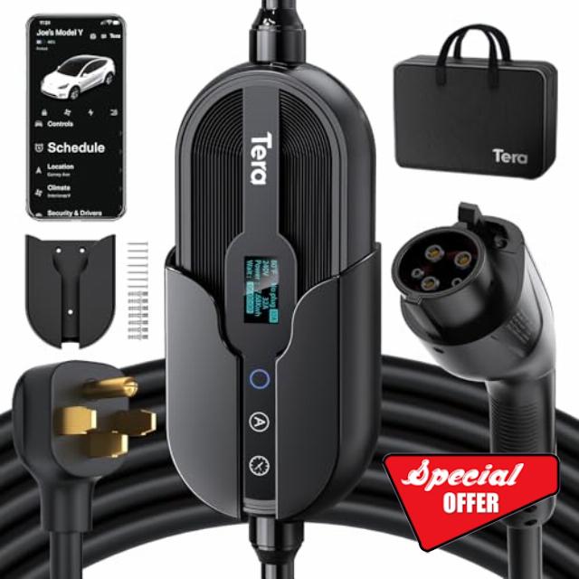 Tera EV Charger Level 2 J1772: 32A 16A 240V ETL Certified Dual Use Portable & Wall Connector NEMA 14-50 Wi-Fi & BT Enabled 25FT Cable P01 Random Color