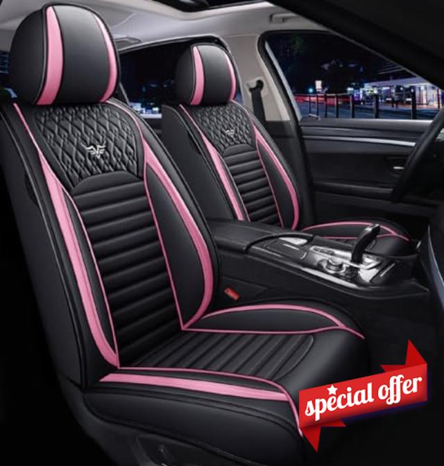 Saienno S02 Leather Car Seat Covers 5 Seats Front & Rear Seat Protector Full Set Universal Fit,Airbag Compatible (Black&Pink)