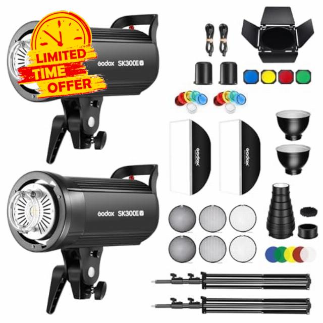 Godox Sk300ii-v Sk300iiv*2Kit Upgraded(2025) Strobe Flash 600Ws GN58 5700K Bowens Mount Professional Photography Twin Light Kit with Built-in Godox 2.4G Wireless X System and 10W Modeling Lamp(2Pack)