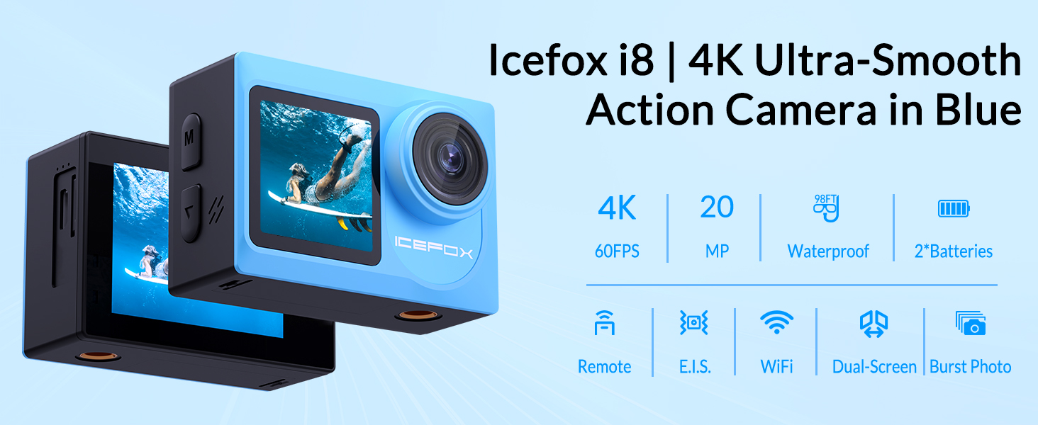 icefox i8 4k ultra-smooth action camera in blue