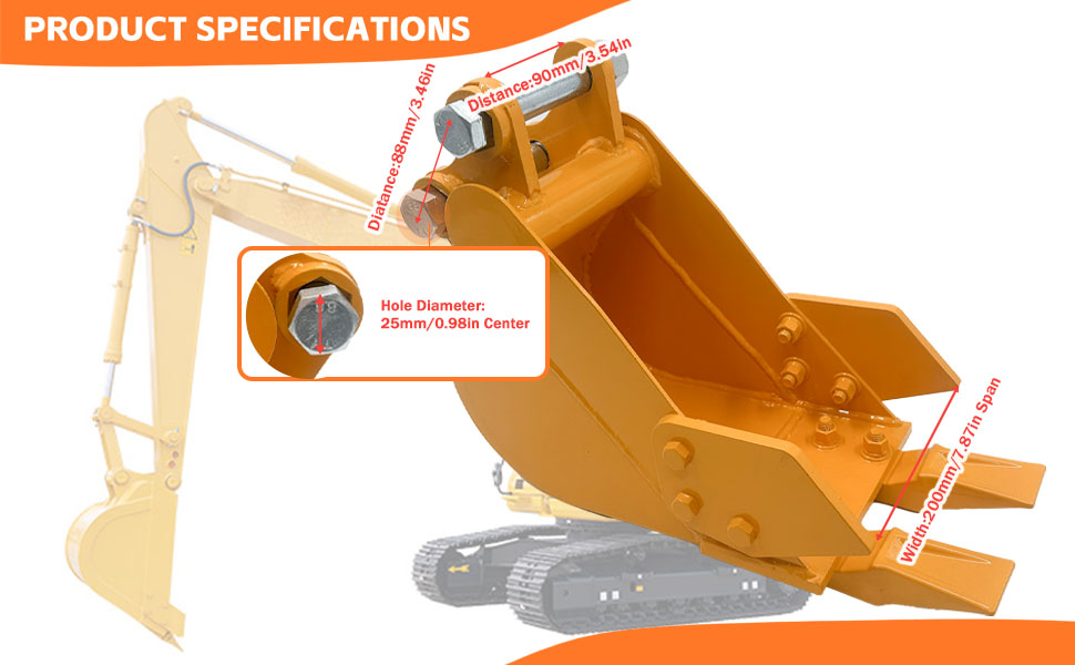 200mm 7.87'' Yellow Narrow Digging Bucket Mini Excavators Digger Attachments Narrow Trench Bucket
