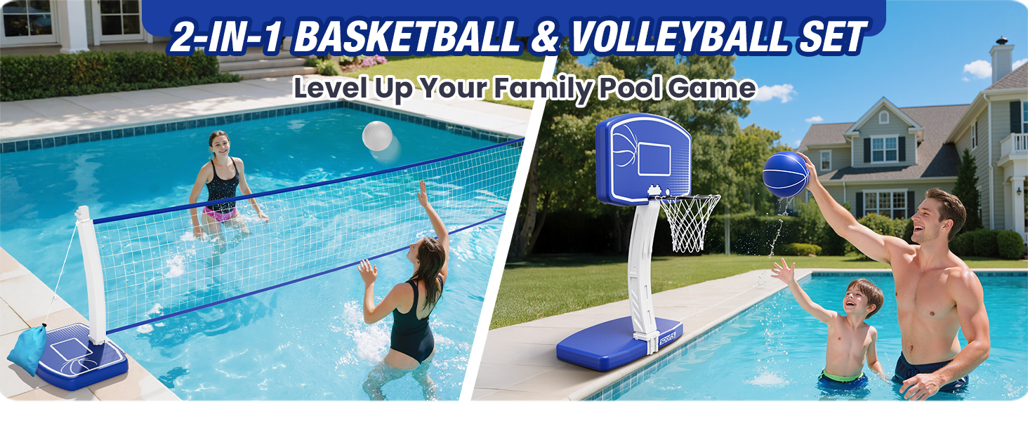 pool basketball hoop and volleyball set