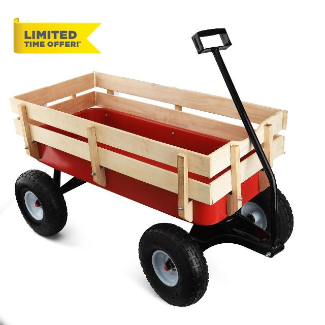 Pull Along Wagon Heavy Duty All-Terrain Cargo Wagon Outdoor Cart with Removable Wooden Side Panels