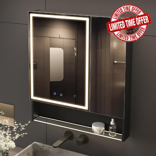 30"×34" Lighted Medicine Mirror Cabinet with Storage Adjustable Brightness 3 Color Temperature Lighting Anti-Fog Sturdy Aluminum Medicine Cabinet with Lights 2 Socket & 2 USB Ports & Adjustable Shelf