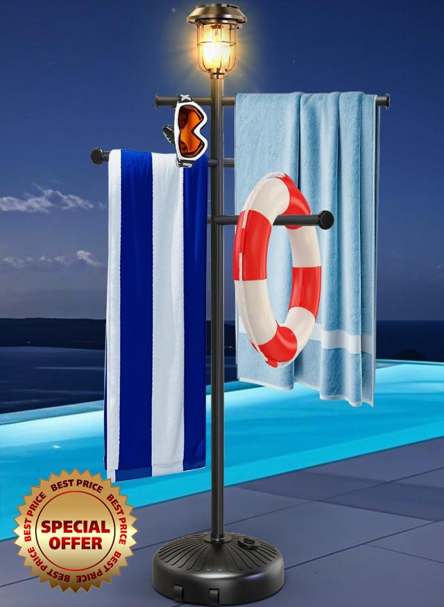 Solar Light Pool Towel Rack with Wheels – 63" Tall Adjustable Outdoor Towel Rack for Patio