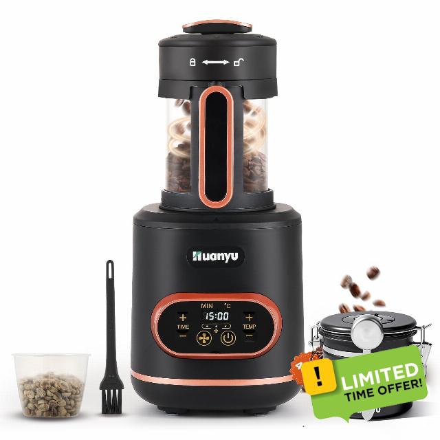 Huanyu Coffee Bean Roaster with Coffee Canister 100g with Date Tracker Coffee Roasters for Home Use with Adjustable Heating and Cool Setting Electric Roaster 1500w 110v