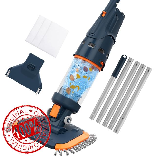 Cordless Handheld Vacuum Cleaner 750GPH Strong Suction 60min Rechargeable Pool Vaccum 3 Fine Mesh Filter with Aluminum Pole & Angle Head for Hot Tubs/Inground/Frame Pools