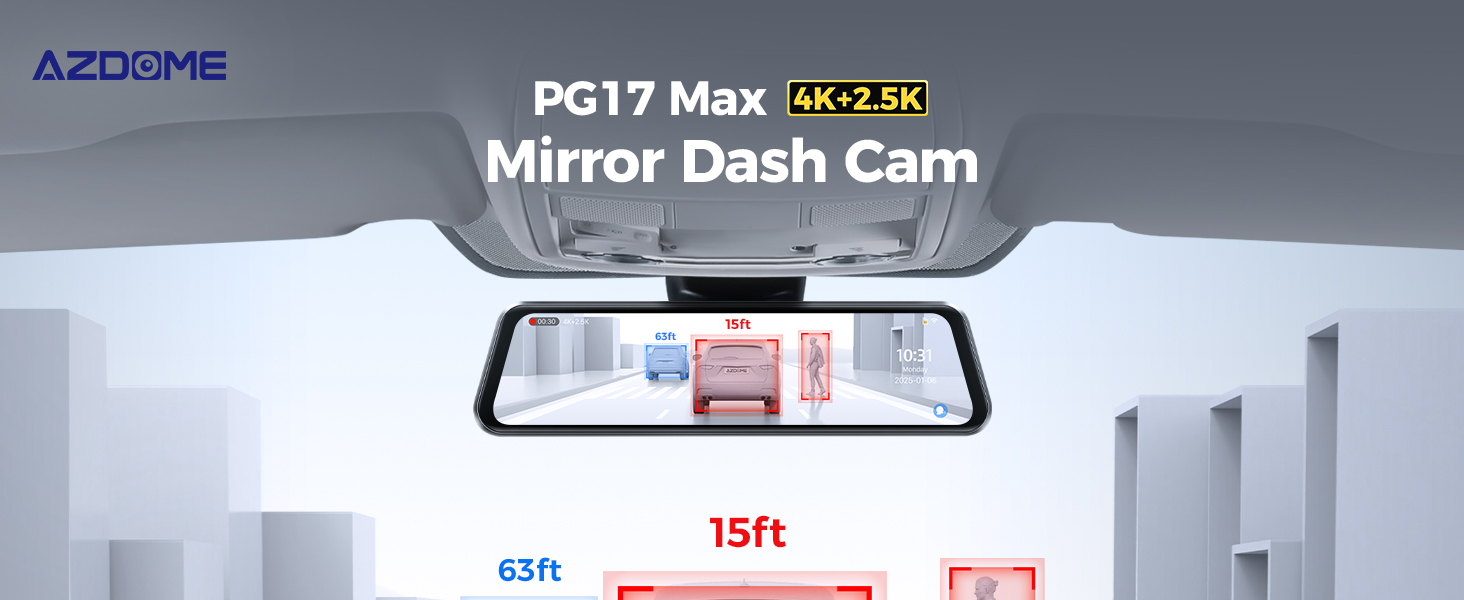 AZDOME PG17 Max rearview mirror camera features front 4K resolution at 30fps and rear 2.5K at 30fps.