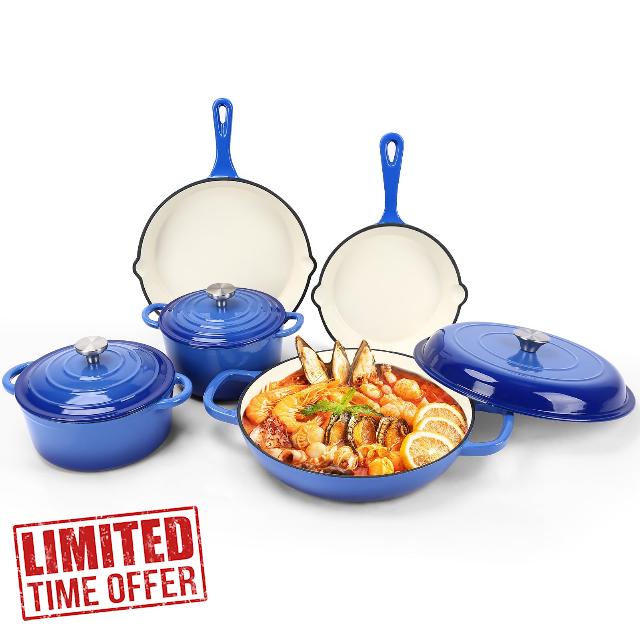 Nonstick Enameled Cast Iron Cookware Set - 8 Piece Pots and Pans with Lid