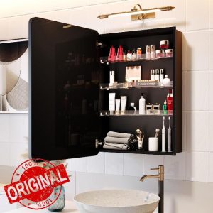 Recessed Medicine Cabinets for Bathroom with Mirror: 20 x 26 inch Small Surface Wall Mount Mirrored Vanity Chest with Storage - Matte Black Modern Frame