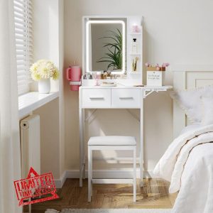 Small Vanity Desk for Compact Space: Mini Makeup Table Set for Bedroom - Tiny White Vanity with Mirror for Girls