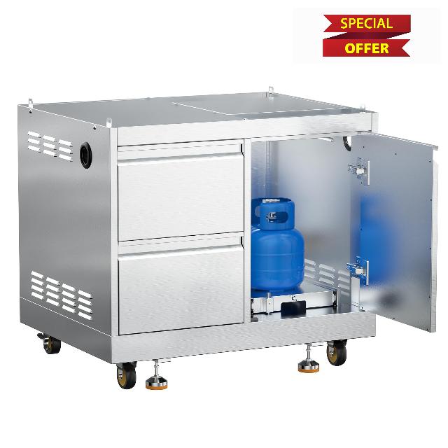 BODEGA Stainless Steel Outdoor Kitchen Drawer Cabinet for Built-in BBQ Grill with 2 Drawers and Propane Tank Storage