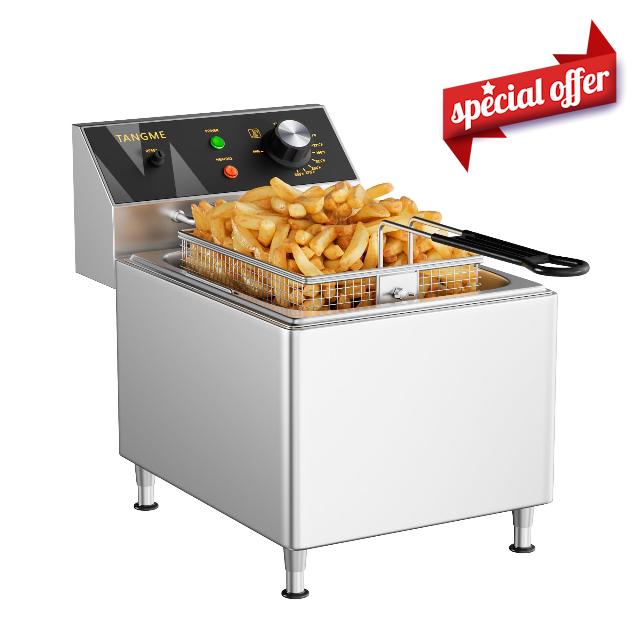 TANGME Commercial Deep Fryer 1750W Electric Countertop Fryer 12.7Qt Heavy Duty Large Stainless Steel Deep Fryers with Basket