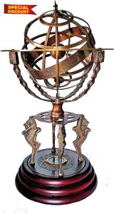 Antique Brass 18-Inch Armillary Sphere with Zodiac Engravings Celestial Globe on Wooden Base with Compass & Tiger Pillars Steampunk Desk Decor