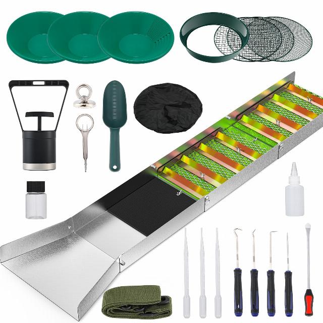 NEWTRY Complete Gold Panning Kit 27pcs Gold Mining Equipment with 50" Folding Sluice Box