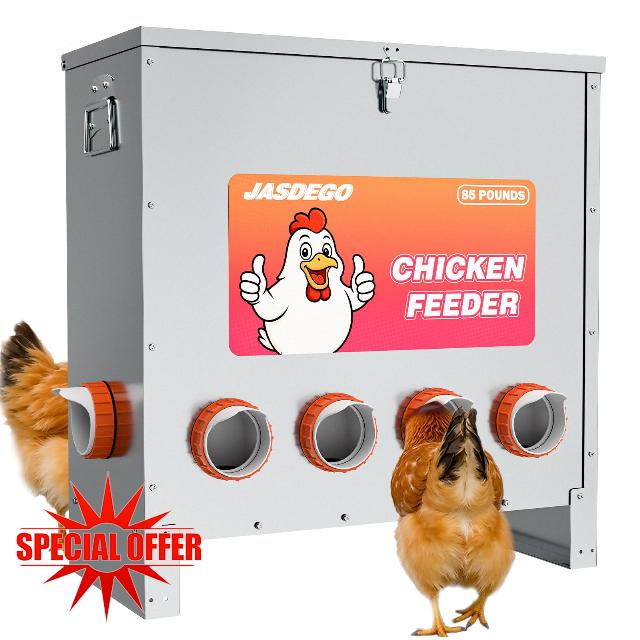 Metal Chicken Feeder No Waste 10 Ports Automatic Poultry Feeder Large Capacity 85 Pounds with Latch & Handle for Chickens Bantams Pheasants Poultry Coop Weatherproof