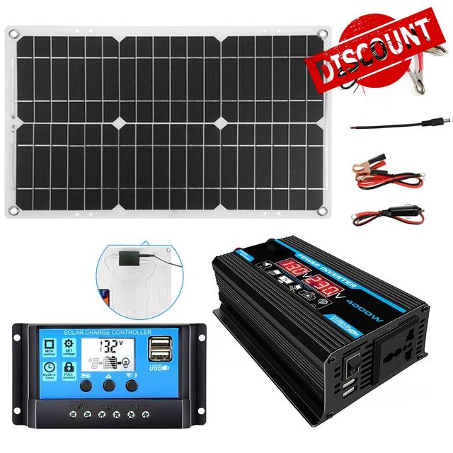 4000W 12V to 110V/220V Inverter Controller Solar Panel Kit 30A Controller + 18w12v Solar Panel Solar System Combo Solar Generator Home Grid System(Black