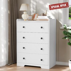 Furnulem 4-Drawer Dresser for Bedroom - White Wood Chest of Drawers Closet Storage Cabinet Organizer for Bedroom