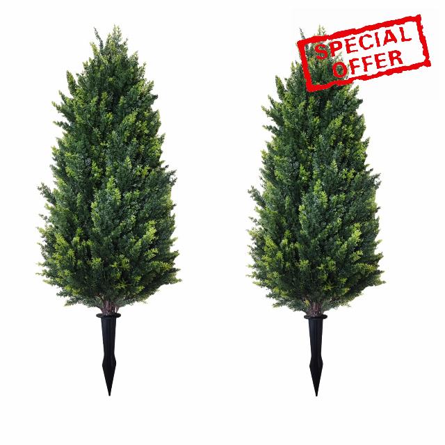 3FT Artificial Cedar Topiary Trees with Ground Spike Set of 2