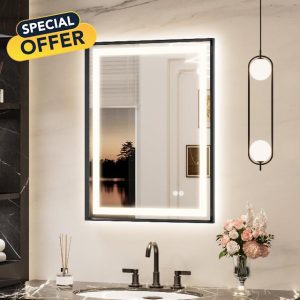 Keonjinn 24 x 32 Inch Black LED Bathroom Mirror with Frontlit & Backlit