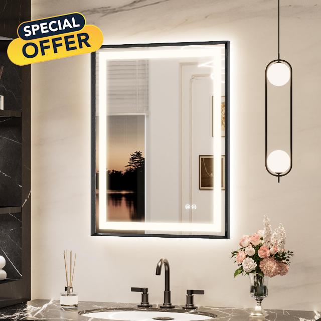 Keonjinn 24 x 32 Inch Black LED Bathroom Mirror with Frontlit & Backlit