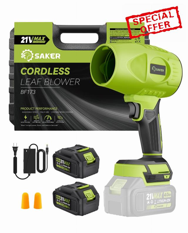 Saker Cordless Leaf Blower Handheld Turbo Jet Blower Portable Dust Cleaner 180000 RPM with Adjustable Speed for Drying Patio Cleaning Camping 2 Batteries Green with Case
