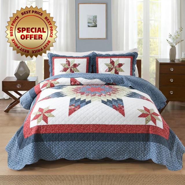 Cotton Bedspread Quilt Bedding Sets 3 Pieces Reversible Coverlets Real Patchwork Star Red Blue Bedspread