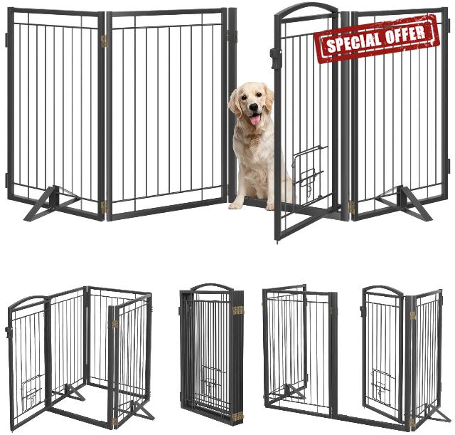 Metal Free Standing Dog Gate with Cat Door for Indoor/Outdoor