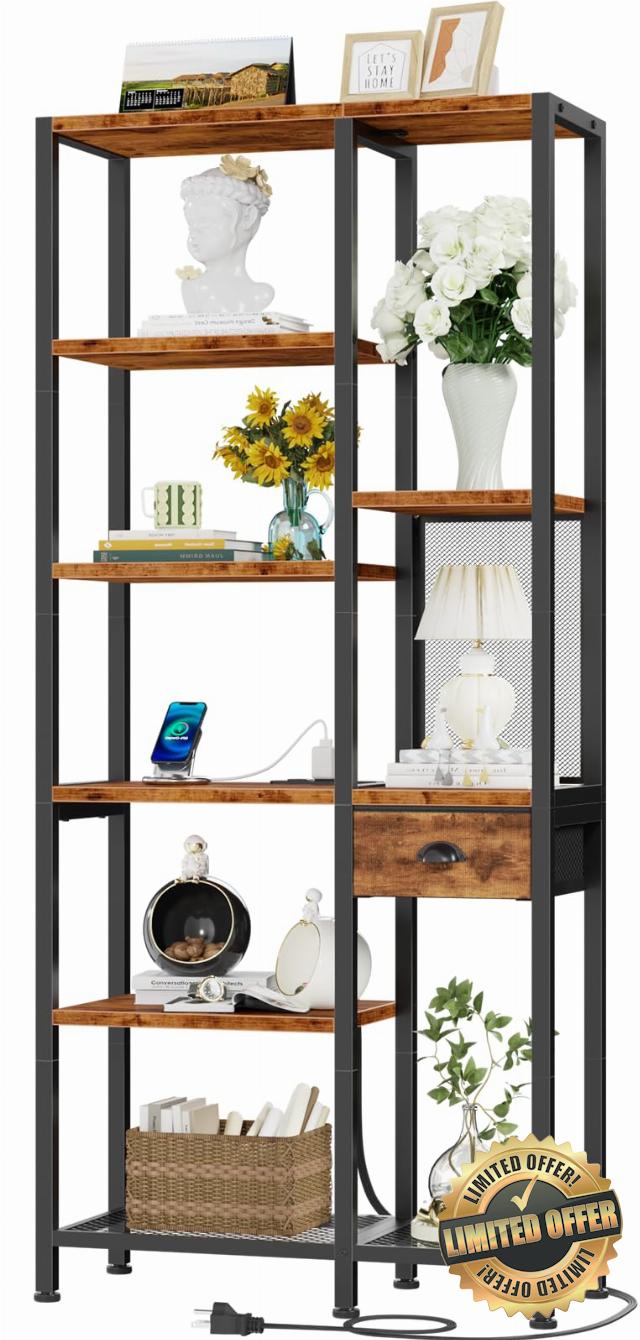 Furologee 6-Tier Bookshelf with Charging Station