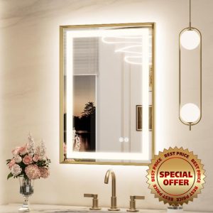 Keonjinn 20 x 28 Inch Gold LED Bathroom Vanity Mirror