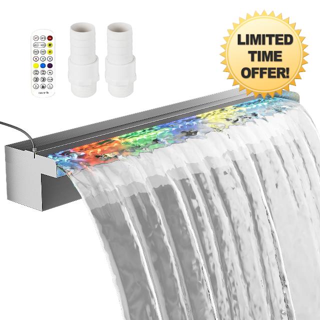 Pool Fountain Stainless Steel Waterfall with LED Lights - 23.6" LED Strip Remote Control with 18 Colors