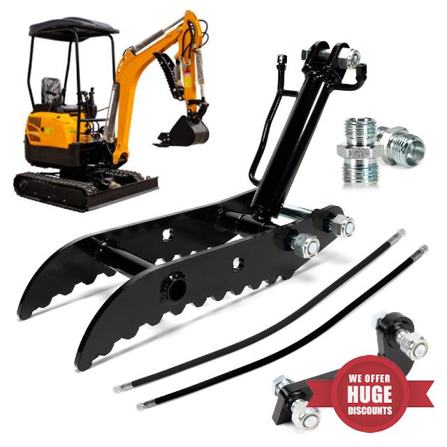 Mini Excavator Hydraulic Thumb w/ M14-M16 Hydraulic Hose Fittings*2 for Mini Excavator Up to 3 Tons - Replace Three Holes L-Shaped Bracket Hydraulic Thumb Clip w/Hydraulic Adapters