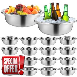16 Pack Large 304 Stainless Steel Mixing Bowls Oversized All Purpose Polished Mirror Flat Base Metal Bowl for Home or Commercial Prepping Baking Mixing Marinating