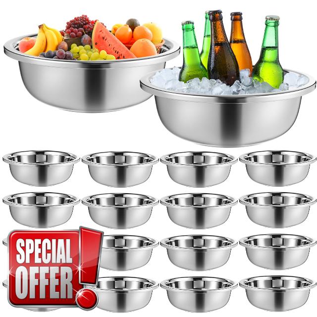 16 Pack Large 304 Stainless Steel Mixing Bowls Oversized All Purpose Polished Mirror Flat Base Metal Bowl for Home or Commercial Prepping Baking Mixing Marinating