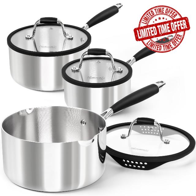 MICHELANGELO Triply Stainless Steel Saucepan Set with Strainer Lid