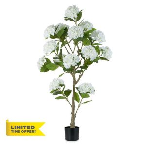 BLOSMON White Hydrangea Artificial Trees: 5ft Fake Silk Plants for Home Living Room Decor Indoor - Faux Hydrangeas with Pot for Front Door Porch Patio Entrance Decoration
