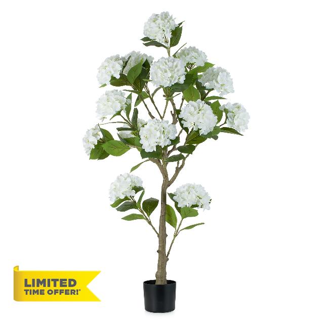 BLOSMON White Hydrangea Artificial Trees: 5ft Fake Silk Plants for Home Living Room Decor Indoor - Faux Hydrangeas with Pot for Front Door Porch Patio Entrance Decoration