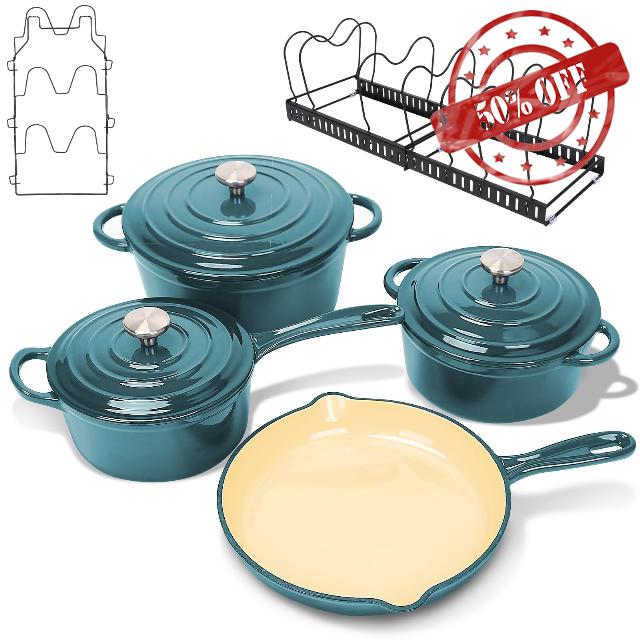 Enameled Cast Iron Dutch Oven- 9 Pieces Nonstick Cookware for Braising