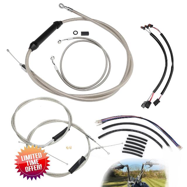 16" Ape Hanger Dyna Cables Kit Handlebar Extended CAN-Bus/Turn Signal Wires/Clutch/Throttle Cables/Brake Line for 2012-2017 Non-ABS Street Bob Super Wide Glide Switchback Models(Chrome)