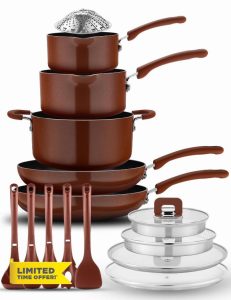 NutriChef 17pcs Brown Stackable Pots and Pans Set