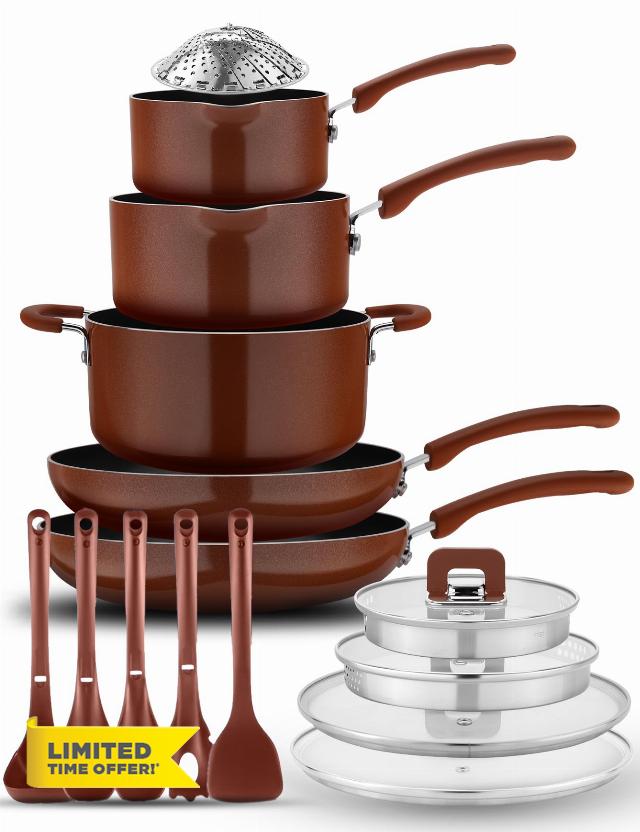 NutriChef 17pcs Brown Stackable Pots and Pans Set
